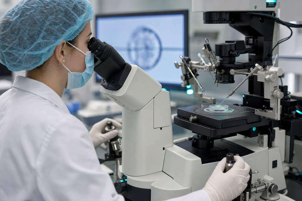 Embryologist performing micromanipulation at an ICSI workstation