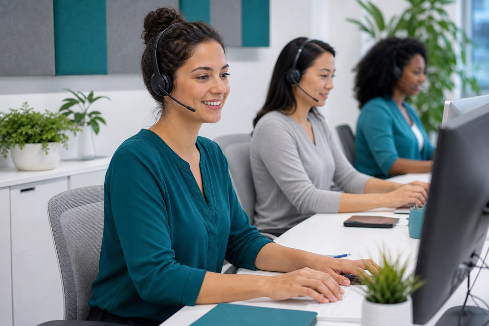 Patient coordinators with headsets supporting callers in a modern healthcare call center