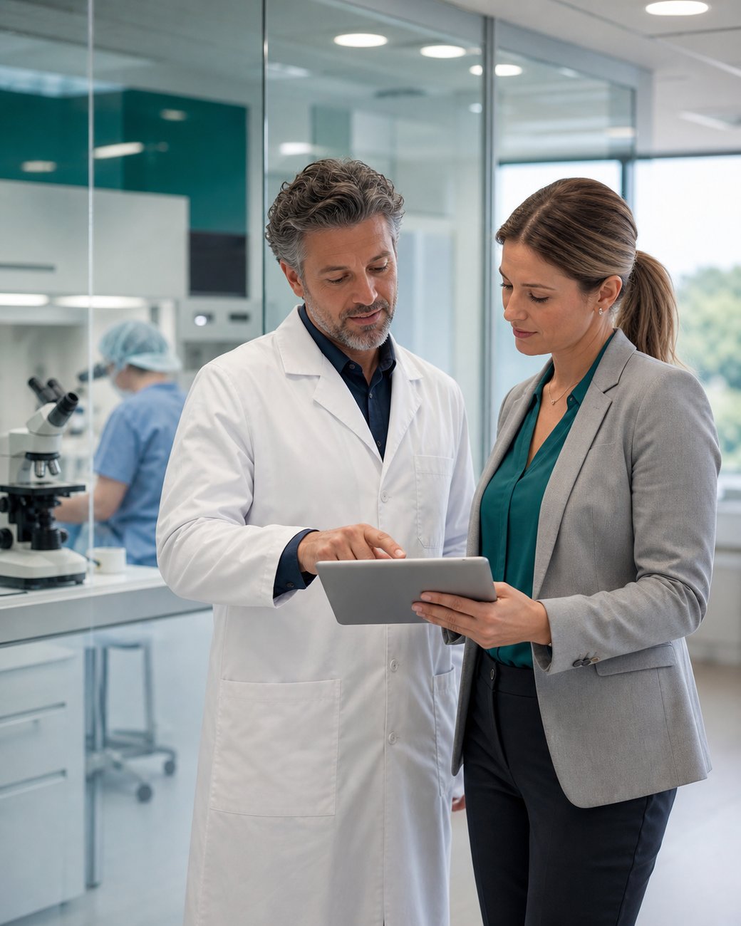 Embryology and practice operations professionals reviewing plans inside a modern fertility center