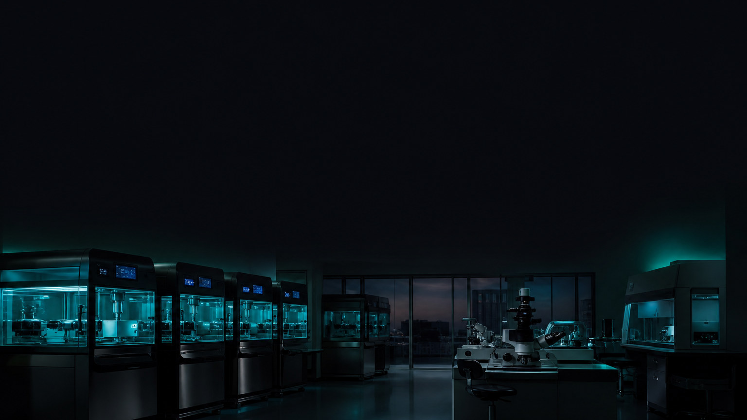 IVF laboratory at dusk with teal ambient lighting