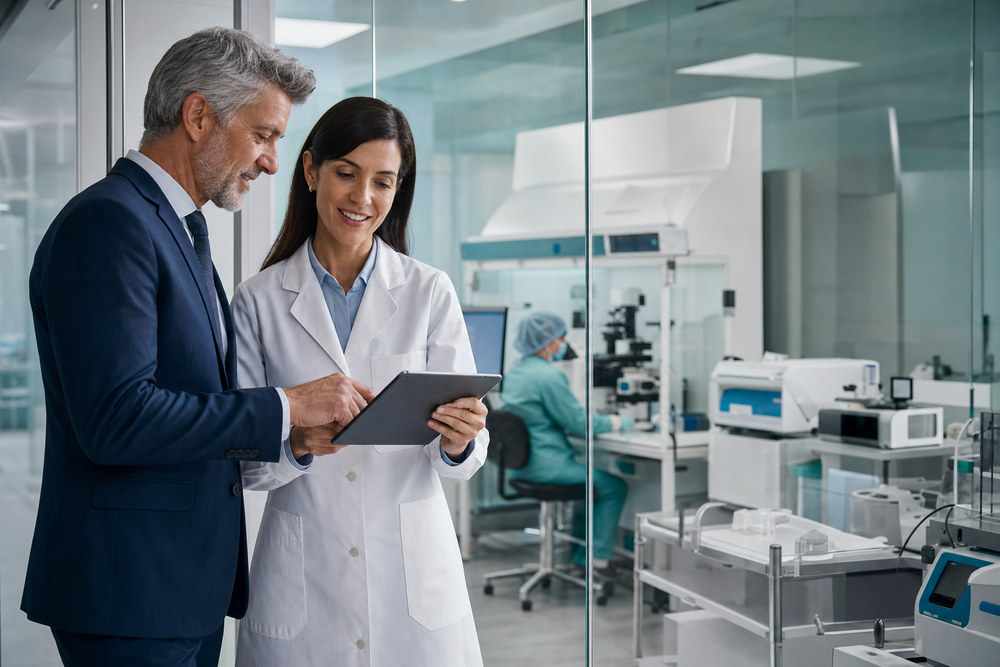 Senior healthcare consultants reviewing plans beside a modern IVF laboratory
